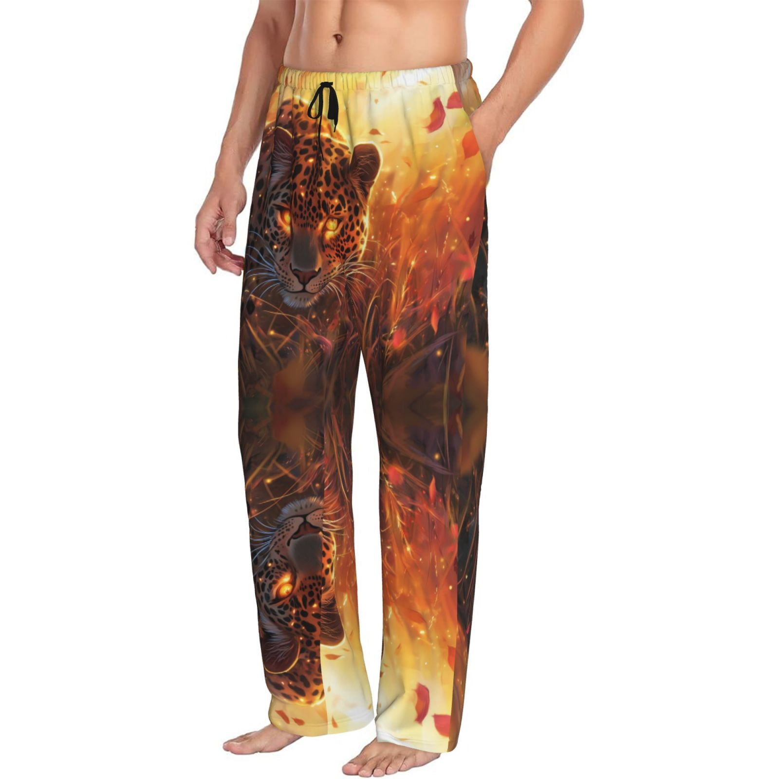 Golden Bottom Mens Pajama Pants, Golden Glowing Leopard Mens PJ Pants Bottoms Sleep ...