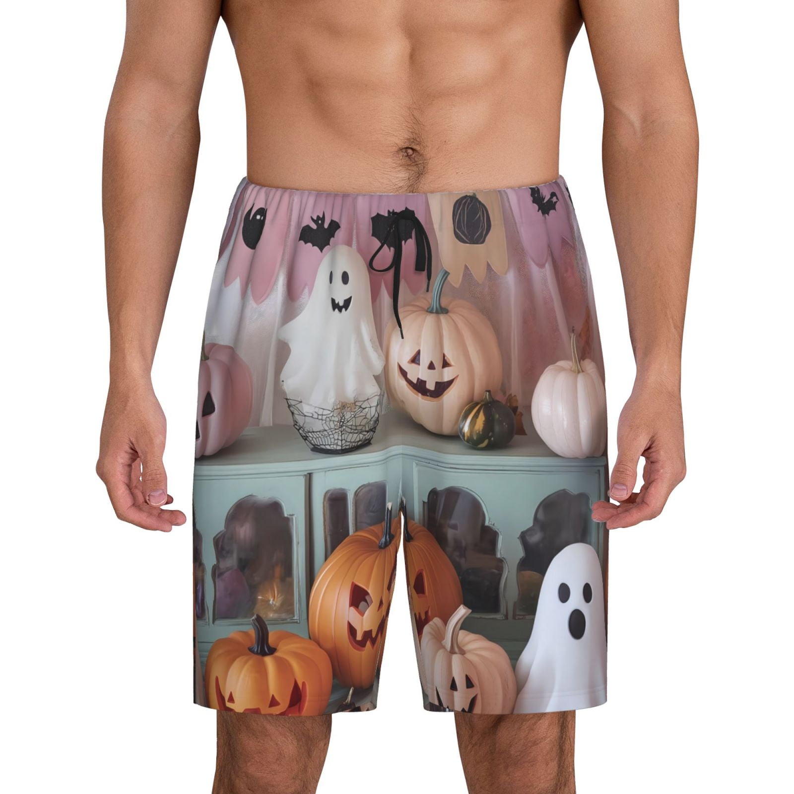 Mens Pajama Pants, Halloween Cute Pumpkin Ghost Stylish Sleep Shorts