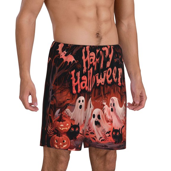 Mens Pajama Pants - Halloween Happy Ghost Pink Sleep Shorts Mens Pajama Shorts, Comfy Pj Pants for Mens Lounge Shorts