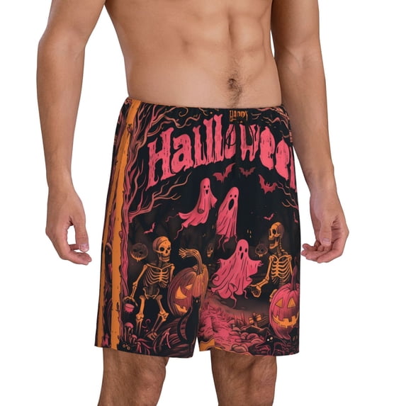 Mens Pajama Pants - Halloween Pink Happy Sleep Shorts Mens Pajama Shorts, Comfy Pj Pants for Mens Lounge Shorts