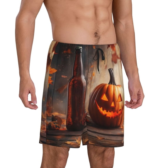 Mens Pajama Pants - Halloween Pumpkin Beer Sleep Shorts Mens Pajama Shorts, Comfy Pj Pants for Mens Lounge Shorts