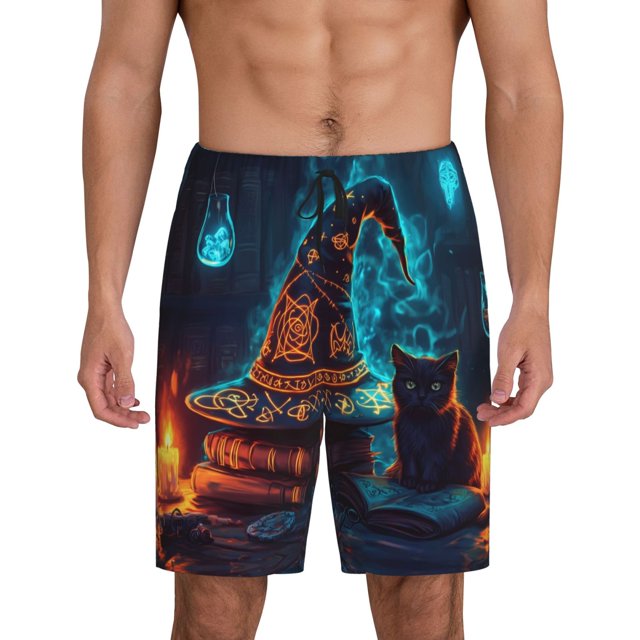 Mens Pajama Pants, Halloween Vintage Witch Hat Black Cat A Stylish