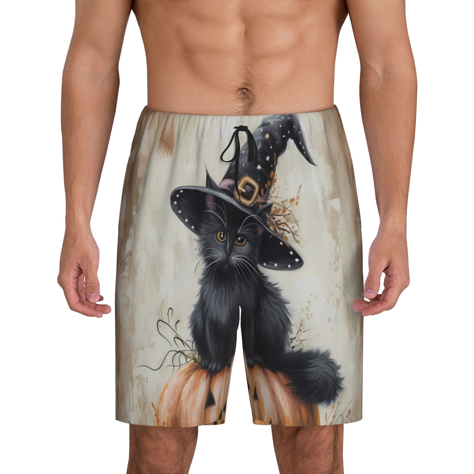 Mens Pajama Pants, Halloween Witch Hat Black Cat Sleep Shorts Mens