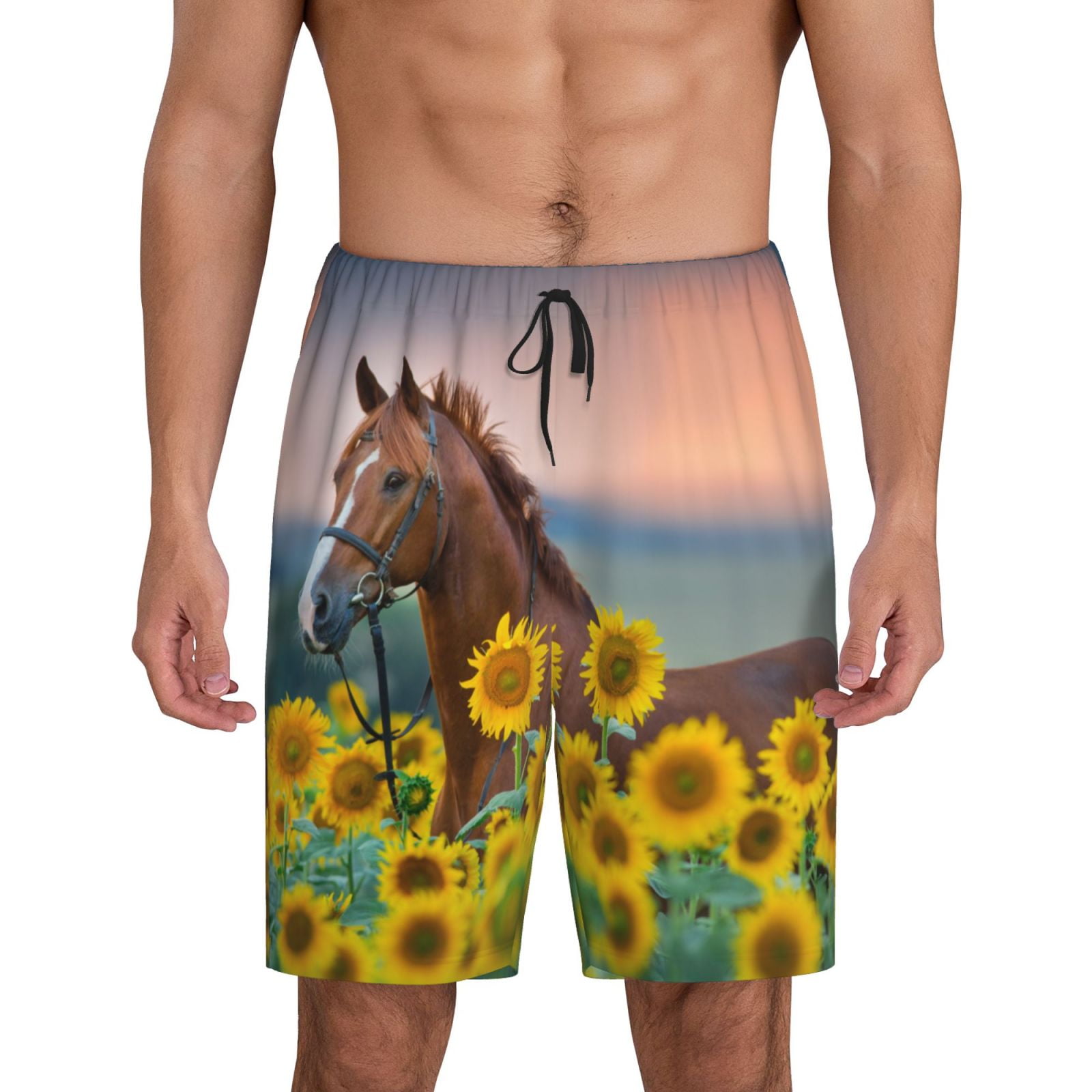 Mens Pajama Pants, Horse Sunflowers Stylish Sleep Shorts Mens Pajama