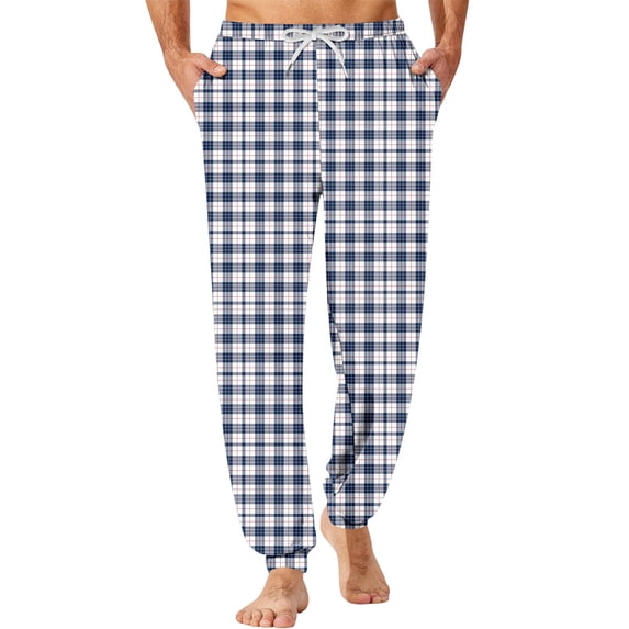 Mens Pajama Pants Lightweight Drawstring Elastic Waist Long Plaid Pants Soft Long Lounge Pajamas Pants For Men