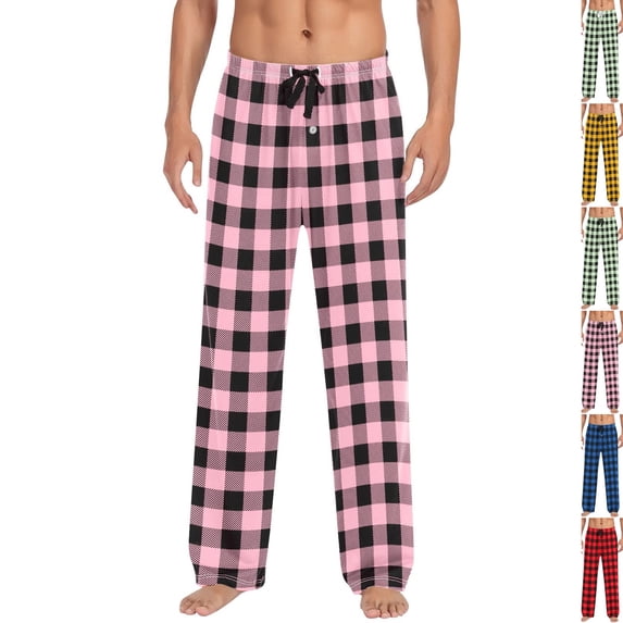 Mens Pajama Pants Lightweight Drawstring Waist Buffalo Plaid Pj Pants Checkered Sleep Lounge Pant with Pockets Pink 3XL