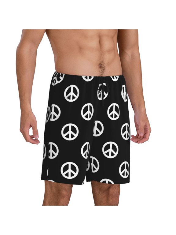 Mens Pajama Pants - Peace Sign Boho Style Black Sleep Shorts Mens Pajama Shorts, Comfy Pj Pants for Mens Lounge Shorts