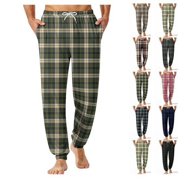 Mens Pajama Pants Plaid Soft Drawstring Elastic Waist Sleep Pants with Pockets Lightweight Loungewear Jogger Bottoms,Army Green L