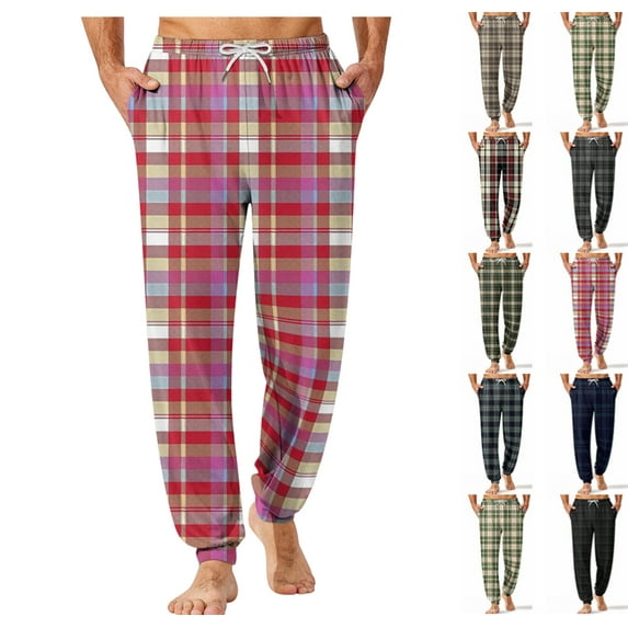 Mens Pajama Pants Plaid Soft Drawstring Elastic Waist Sleep Pants with Pockets Lightweight Loungewear Jogger Bottoms,Watermelon Red L