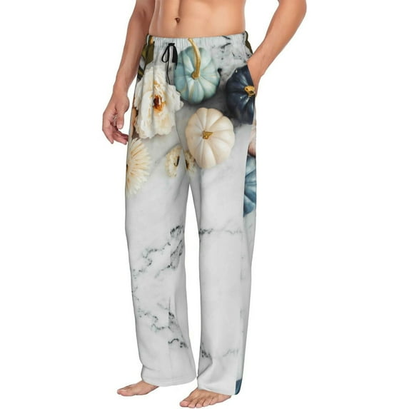 Mens Pajama Pants, Pumpkin And White Marble Soft Sleep & Lounge Pants for Men, Cuteness Casual PJ Bottoms Pants with Pockets