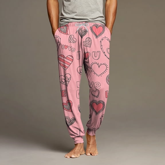 Mens Pajama Pants, Red White Heart Men's Lounge Pants with Pockets, Comfy Pj Bottoms for Men L Polyester