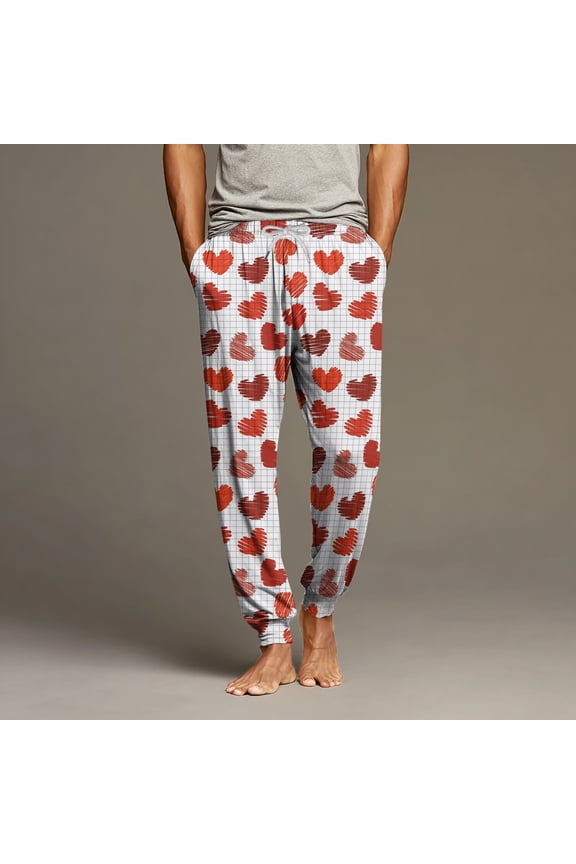 Mens Pajama Pants, Red White Heart Men's Lounge Pants with Pockets, Comfy Pj Bottoms for Men XL Polyester