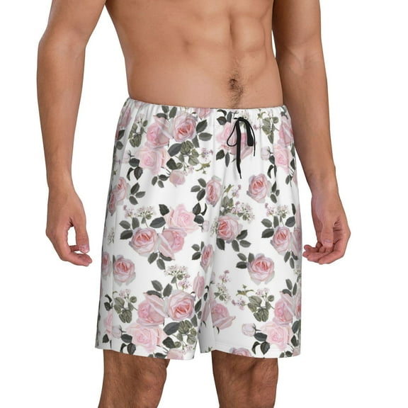 Mens Pajama Pants - Rose Flowers Green Leaves Sleep Shorts Mens Pajama Shorts, Comfy Pj Pants for Mens Lounge Shorts