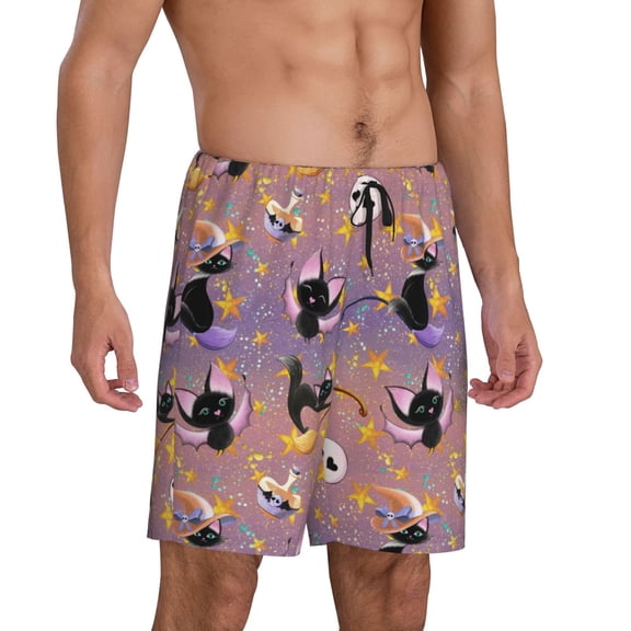 Mens Pajama Pants - Shiny Cat Bat Skull Pumpking Spider Sleep Shorts Mens Pajama Shorts, Comfy Pj Pants for Mens Lounge Shorts