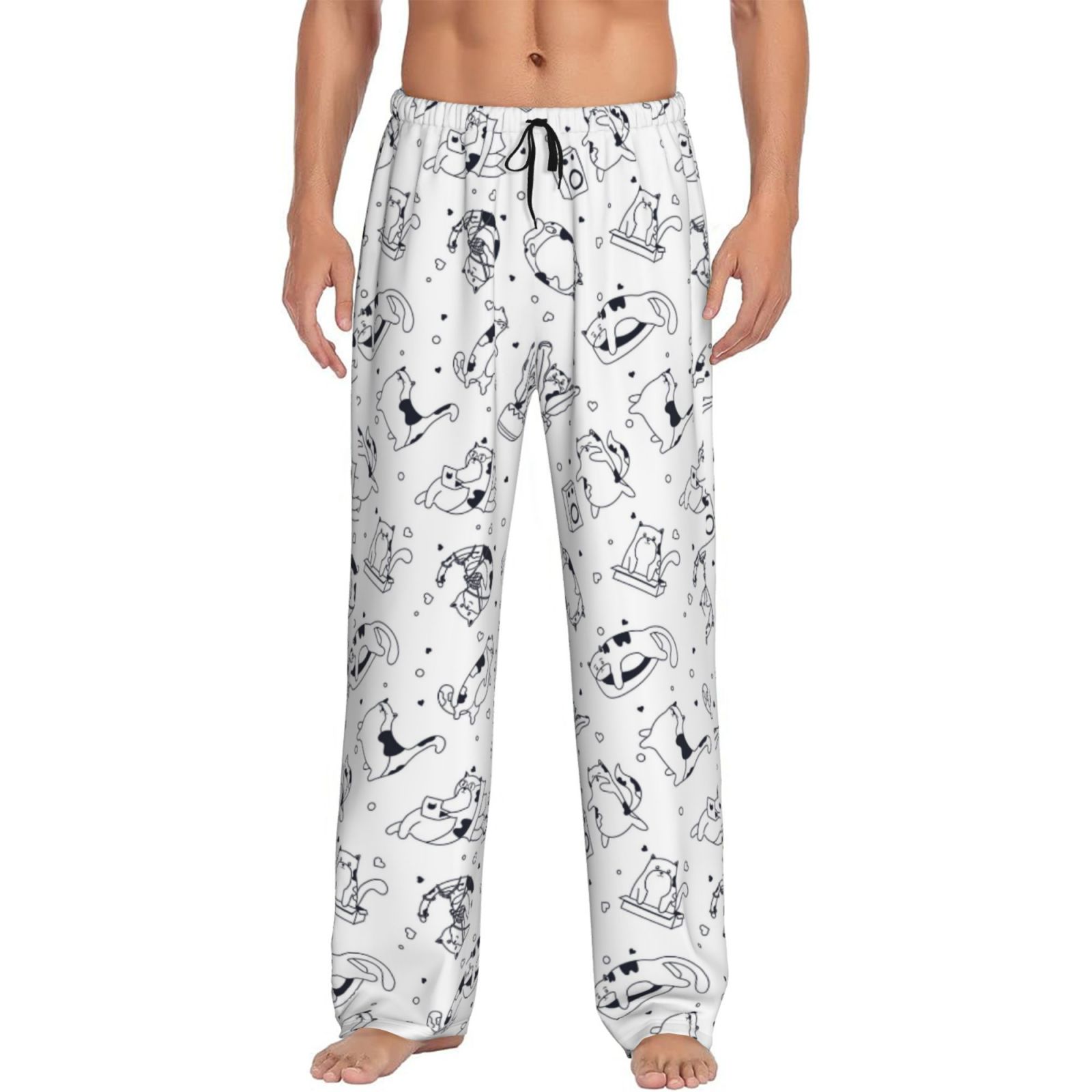 Mens Pajama Pants, Sketch Line Cute Cat Lounge Pj Pants With Drawstring ...