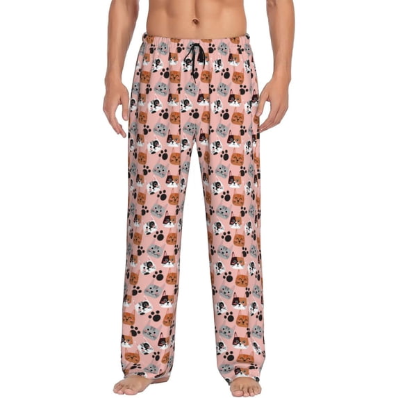 Mens Pajama Pants - Soft Sleep & Lounge Pants for Men, Artistic Cartoon Cat Footprints Cuteness Casual PJ Bottoms Pants with Pockets
