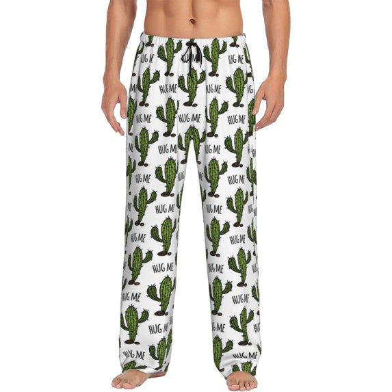 Mens Pajama Pants - Soft Sleep & Lounge Pants for Men, Cactus hug me Pattern Cuteness Casual PJ Bottoms Pants with Pockets