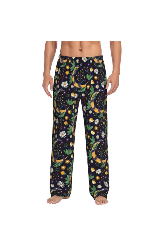 Mens Pajama Pants - Soft Sleep & Lounge Pants for Men, Cartoon Funny Snake Moon Daisy Cuteness Casual PJ Bottoms Pants with Pockets