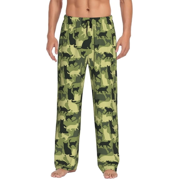 Mens Pajama Pants - Soft Sleep & Lounge Pants for Men, Cat Camouflage Green Cuteness Casual PJ Bottoms Pants with Pockets