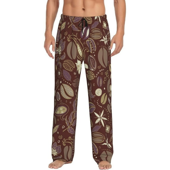 Mens Pajama Pants - Soft Sleep & Lounge Pants for Men, Coffee and Flowers Cuteness Casual PJ Bottoms Pants with Pockets