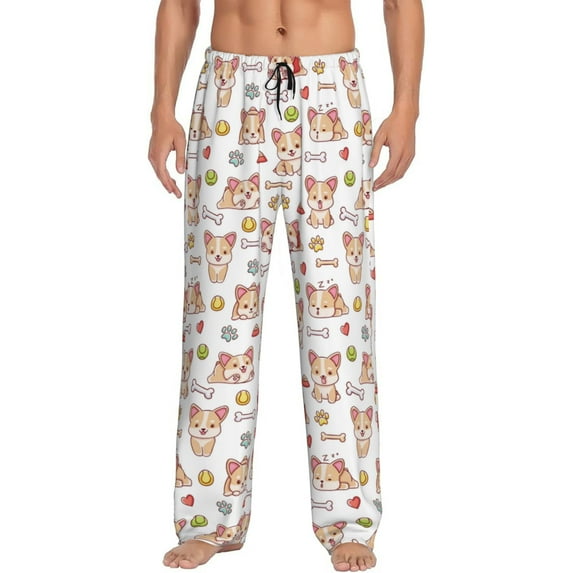Mens Pajama Pants - Soft Sleep & Lounge Pants for Men, Cute Corgi Dog Funny Softball Cuteness Casual PJ Bottoms Pants with Pockets