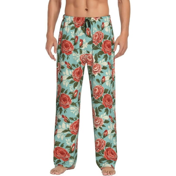 Mens Pajama Pants - Soft Sleep & Lounge Pants for Men, Green White Leaves Rose Flowers Cuteness Casual PJ Bottoms Pants with Pockets