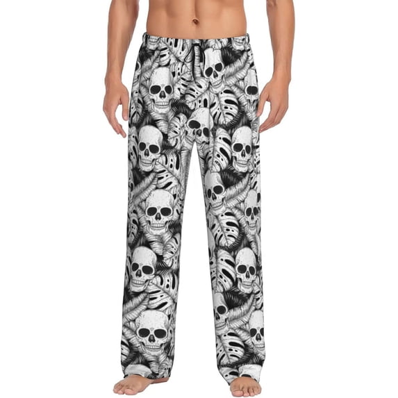 Mens Pajama Pants - Soft Sleep & Lounge Pants for Men, Skull and palm leaves (2) Cuteness Casual PJ Bottoms Pants with Pockets