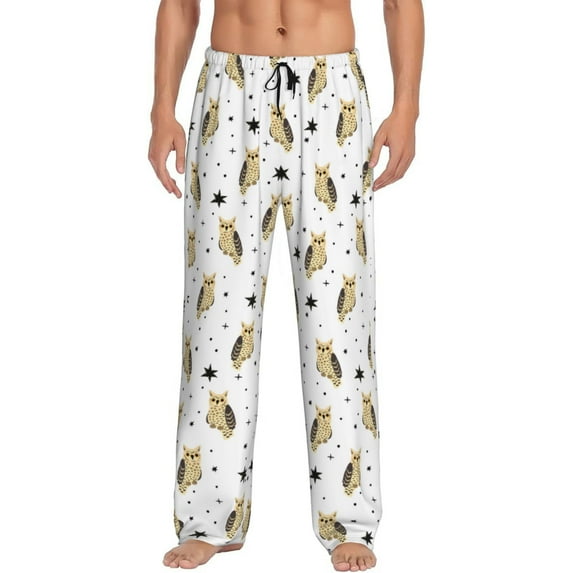 Mens Pajama Pants - Soft Sleep & Lounge Pants for Men, Star Owl Print White Cuteness Casual PJ Bottoms Pants with Pockets