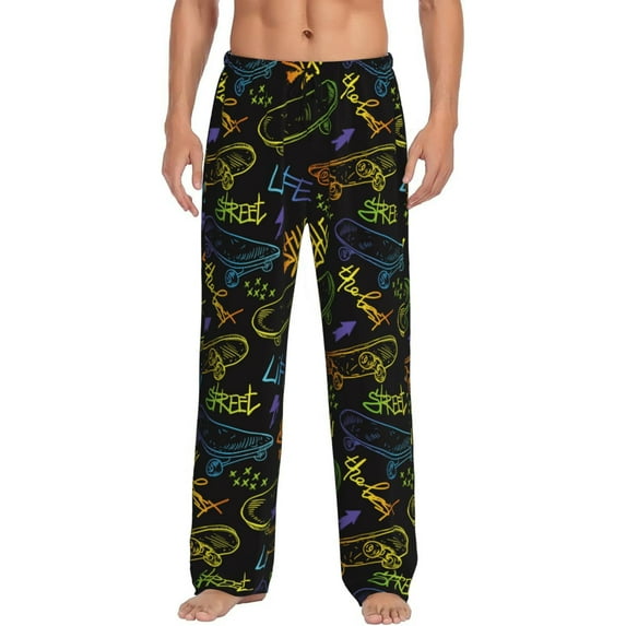 Mens Pajama Pants - Soft Sleep & Lounge Pants for Men, Technology Lines Skateboard Letters Cuteness Casual PJ Bottoms Pants with Pockets