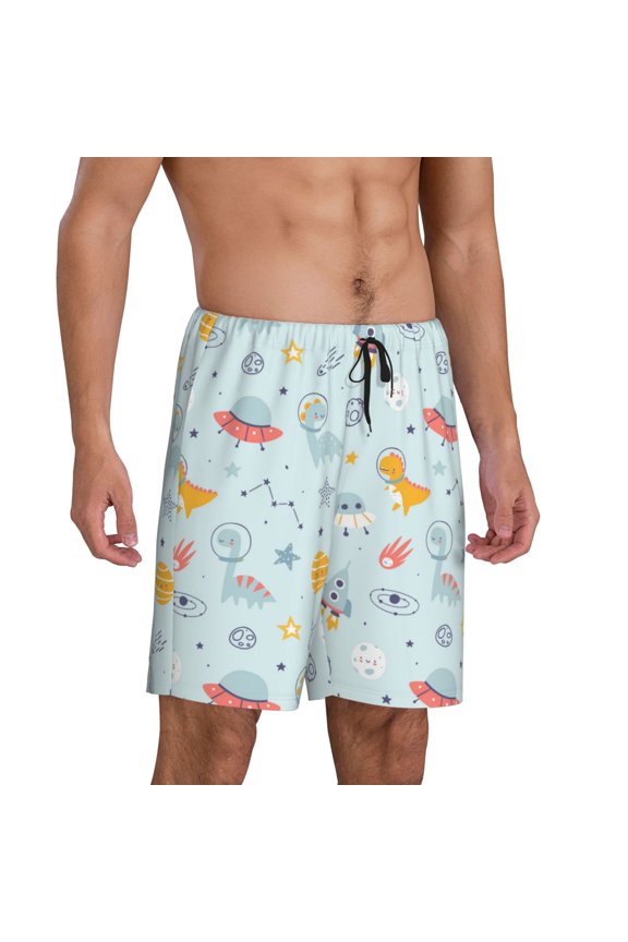 Mens Pajama Pants - Space With Dino Astronauts Sleep Shorts Mens Pajama Shorts, Comfy Pj Pants for Mens Lounge Shorts