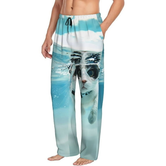 Mens Pajama Pants, Swimming Cat Goggles Soft Sleep & Lounge Pants for Men, Cuteness Casual PJ Bottoms Pants with Pockets