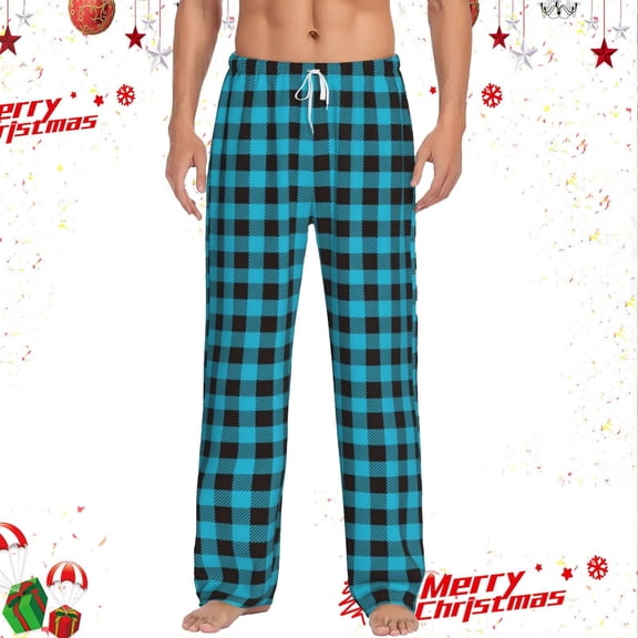 Mens Pajama Pants Warm Plaid Lounge Pj Bottoms Christmas Pajamas Palid Pants for Men (Sky Blue L)