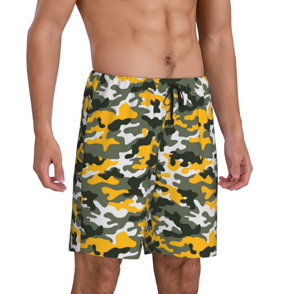 Mens Pajama Pants - Yellow Green Camouflage Sleep Shorts Mens Pajama Shorts, Comfy Pj Pants for Mens Lounge Shorts