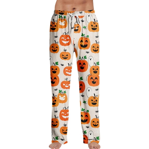 Mens Pajama Pants for Halloween, Loose Fit Lounge Bottoms with Festive Print, Saffron M