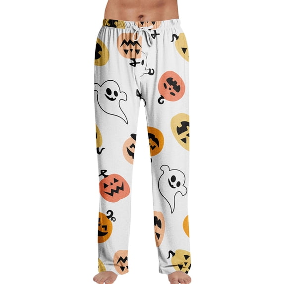 Mens Pajama Pants for Halloween, Loose Fit Lounge Bottoms with Festive Print, White XL