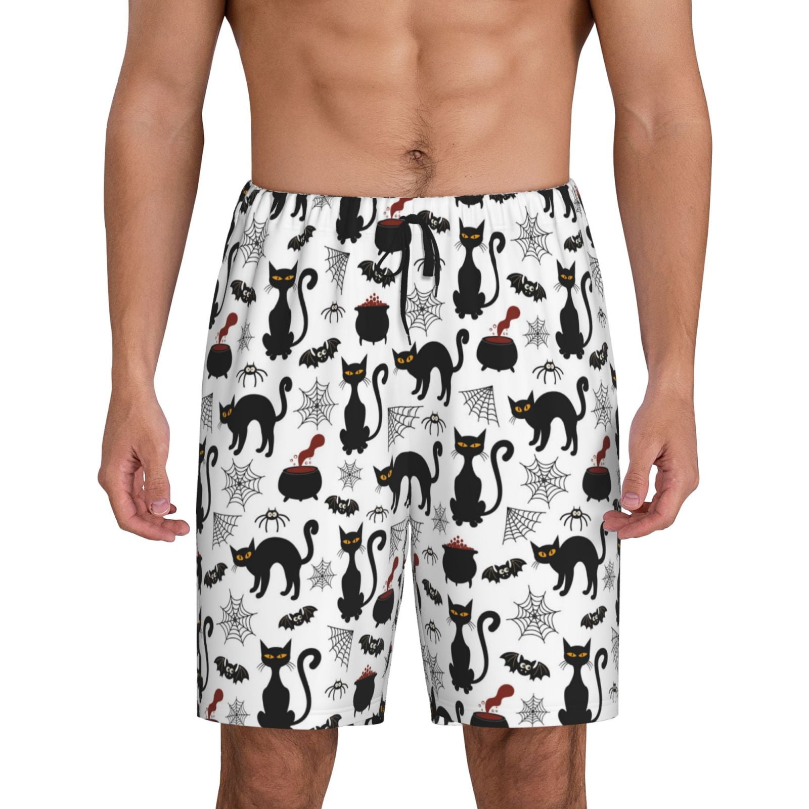 Mens Pajama Pants, halloween cat bat spider web Stylish Sleep Shorts
