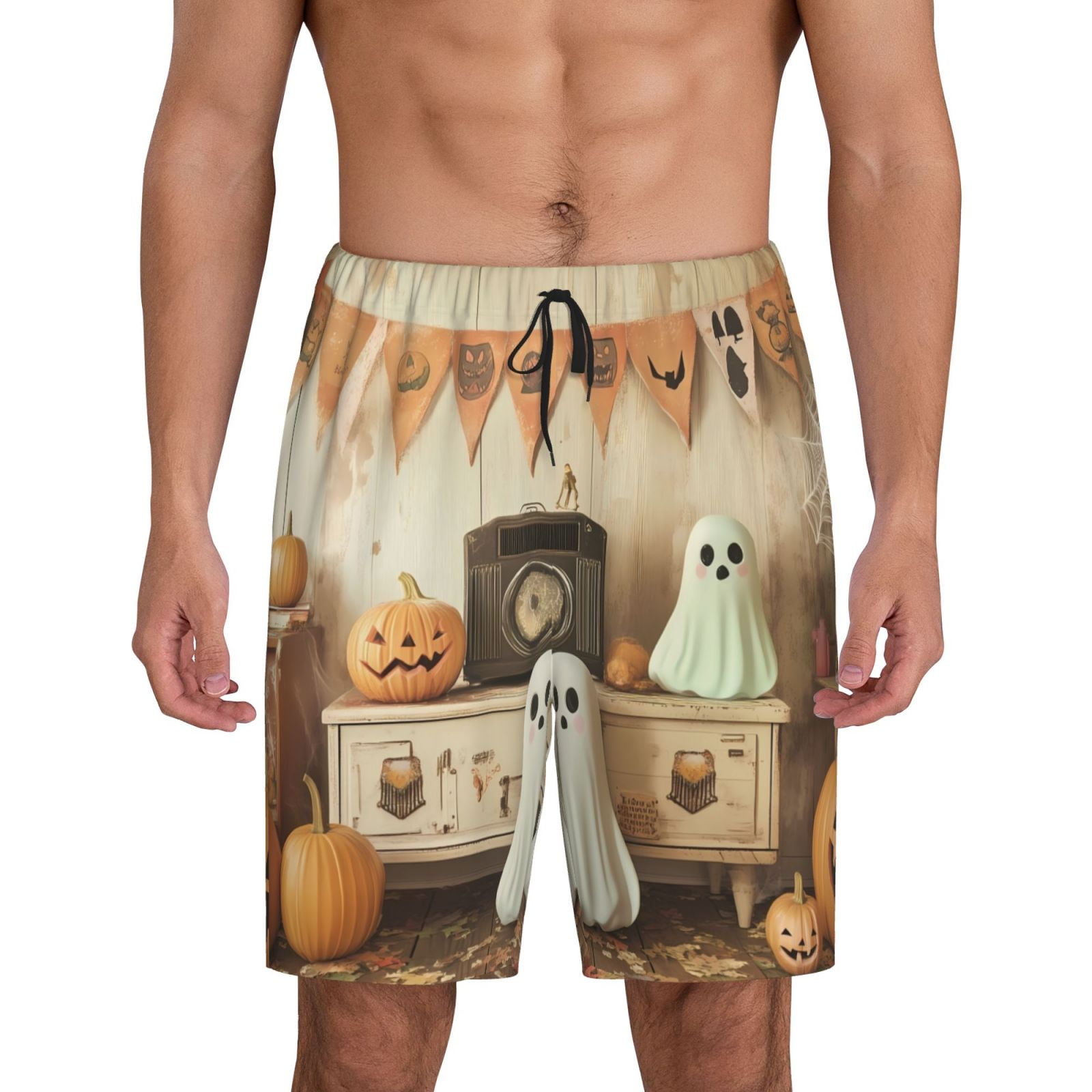 Mens Pajama Pants halloween cute ghost pumpkin (2) Sleep Comfy Shorts