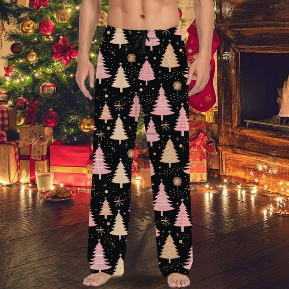 Mens Pajama Pants with Pockets Christmas Printed Mid Waisted Casual Pants with Drawstring And Comfortable Loose Pants Bottoms Sleep Lounge Long Pant