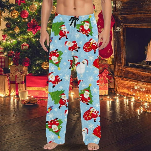 Mens Pajama Pants with Pockets Christmas Printed Mid Waisted Casual Pants with Drawstring And Comfortable Loose Pants Bottoms Sleep Lounge Long Pant