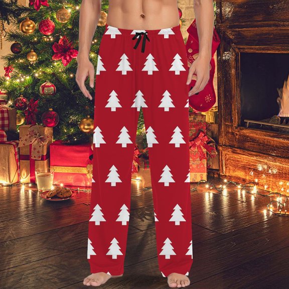 Mens Pajama Pants with Pockets Christmas Printed Mid Waisted Casual Pants with Drawstring And Comfortable Loose Pants Lounge Bottoms Soft Sleepwear
