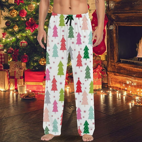 Mens Pajama Pants with Pockets Christmas Printed Mid Waisted Casual Pants with Drawstring and Lightweight Pants Lounge Bottoms Soft Sleepwear