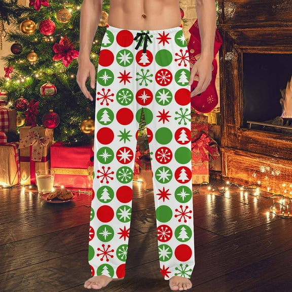 Mens Pajama Pants with Pockets Christmas Printed Mid Waisted Casual Pants with Drawstring and Lightweight Pants Lounge Bottoms Soft Sleepwear