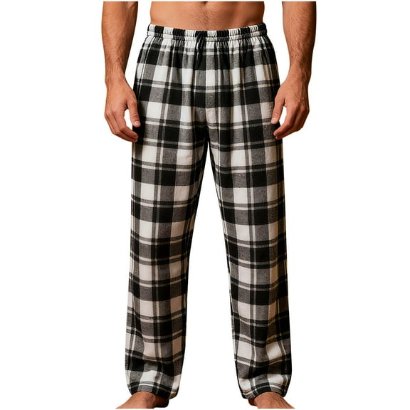 Mens Pajama Pants with Pockets Cotton Plaid Lounge Pants PJ Bottoms Elastic Waist Sleep Wear, S White