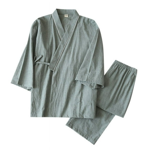 Mens Pajama Set 2 Piece Japanese Style Pajamas Half Sleeve Top and Pants Solid Color Lightweight Home Wear Classic Fit Lounge Wear