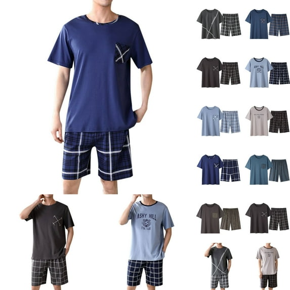 Mens Pajama Set 2 Piece Lightweight Short Sleeve Crew Neck Nightwear and Shorts Solid Color Casual Classic Fit Men's Sleepwear