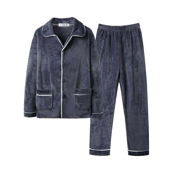 Mens Pajama Set 2 Piece Thickened Plush Long Sleeve Lapel Button Up Warm Sleepwear and Pajamas Pants Classic Fit Men's Pajamas