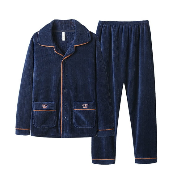 Mens Pajama Set 2 Piece Thickened Plush Long Sleeve Lapel Button Up Warm Sleepwear and Pajamas Pants Classic Fit Pajamas for Men