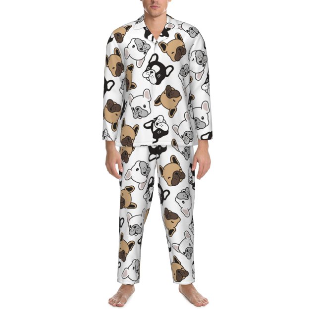 Mens Pajama Set, French Bulldog3 Long Sleeve Pjs Set, Sleepwear Button
