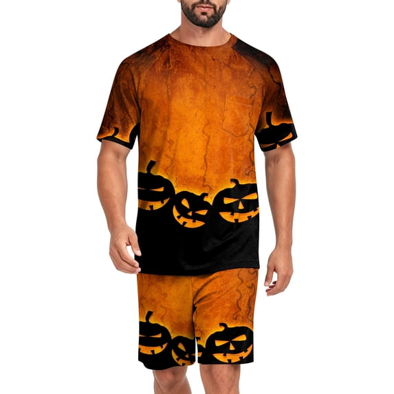 Mens Pajama Set Halloween Orange Pumpkin Soft Comfy Short Sleeve Pjs Lounge Set with Pockets