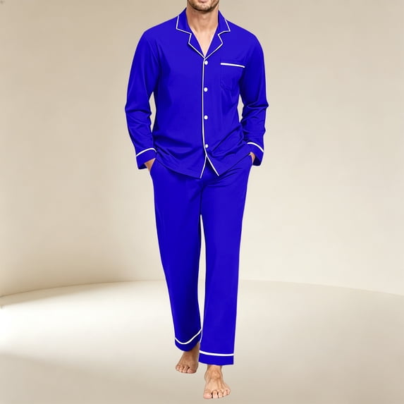 Mens Pajama Set Long Sleeve Button Down Top and Pants 2 Piece Loungewear Soft Relaxed Fit Mens Sleepwear Night Pjs Sets